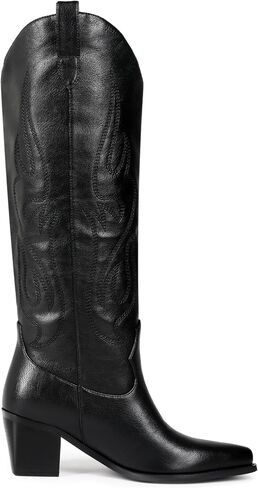 Black Cowboy Boots for Women Knee High - Women's Tall Embroidered Cowboy Boots Chunky Heel Pointed Toe Western Country Boots in Saudi Arabia