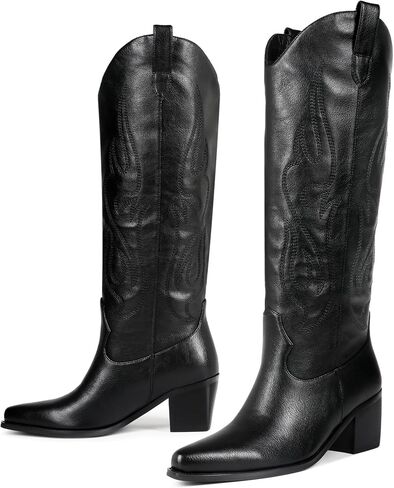 Black Cowboy Boots for Women Knee High - Women's Tall Embroidered Cowboy Boots Chunky Heel Pointed Toe Western Country Boots in Saudi Arabia