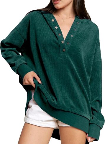 EVALESS Womens Oversized Sweatshirts Hoodies Casual Button Up V Neck Long Sleeve Shirts Pullover Loose Fall Clothes Outfits in Saudi Arabia