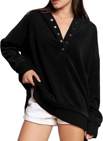 EVALESS Womens Oversized Sweatshirts Hoodies Casual Button Up V Neck Long Sleeve Shirts Pullover Loose Fall Clothes Outfits in Saudi Arabia
