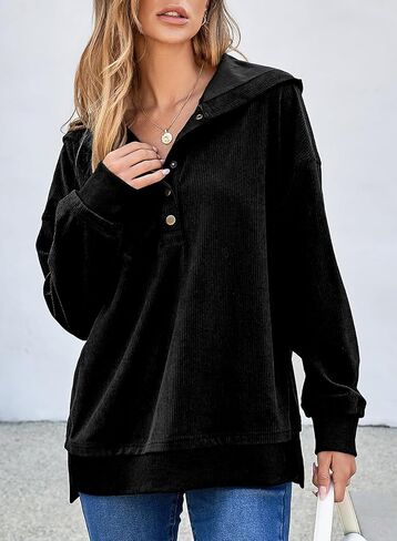 EVALESS Womens Oversized Sweatshirts Hoodies Casual Button Up V Neck Long Sleeve Shirts Pullover Loose Fall Clothes Outfits in Saudi Arabia