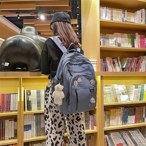 حقيبة ظهر Kawaii مع إكسسوارات دبوس لطيفة وقلادة فخمة حقيبة ظهر جمالية لطيفة للفتيات حقيبة مدرسية (أسود) in Saudi Arabia
