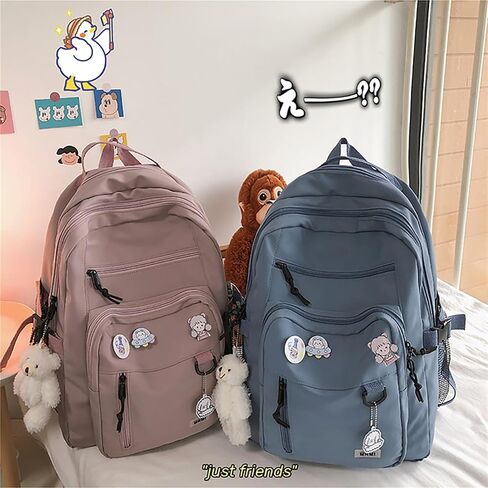 حقيبة ظهر Kawaii مع إكسسوارات دبوس لطيفة وقلادة فخمة حقيبة ظهر جمالية لطيفة للفتيات حقيبة مدرسية (أسود) in Saudi Arabia