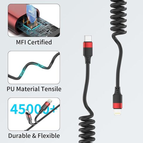 Coiled Lightning Cable for Car, 2 Pack iPhone CarPlay Cable Fast Charging, Coiled USB to Lightning Cord Compatible with iPhone 14 13 12 11 Pro Max Mini XR XS 8 7 Plus SE iPad iPod in Saudi Arabia