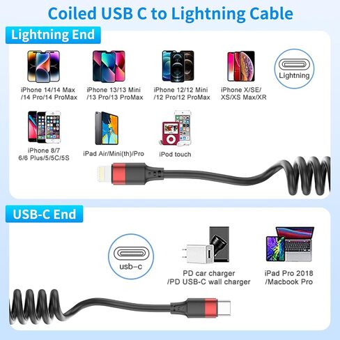 Coiled Lightning Cable for Car, 2 Pack iPhone CarPlay Cable Fast Charging, Coiled USB to Lightning Cord Compatible with iPhone 14 13 12 11 Pro Max Mini XR XS 8 7 Plus SE iPad iPod in Saudi Arabia