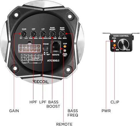 Recoil ATC500.1 MAX 1,000 Watts Class-D مضخم صوت أحادي الكتلة للسيارة، 2 أوم ثابت، صندوق مضخم صوت مناسب بشكل مباشر، مقبض جهير عن بعد متضمن in Kuwait