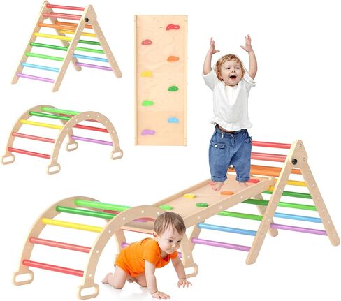 XJD 7 in 1 Pikler Triangle Set, Foldable Climbing Toys for Toddlers, Toddler Indoor Playground for 3-6 Years, with Ramp Sliding or Climbing, Rocker, Wooden Climbing Set (5-1-Colorful) in Saudi Arabia