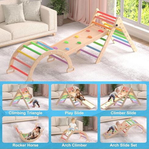 XJD 7 in 1 Pikler Triangle Set, Foldable Climbing Toys for Toddlers, Toddler Indoor Playground for 3-6 Years, with Ramp Sliding or Climbing, Rocker, Wooden Climbing Set (5-1-Colorful) in Saudi Arabia