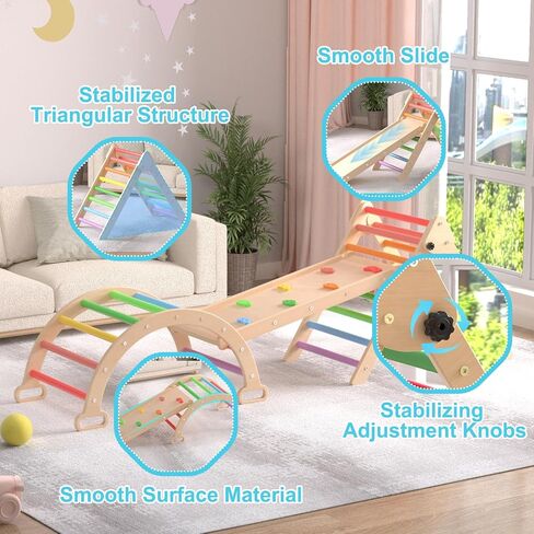 XJD 7 in 1 Pikler Triangle Set, Foldable Climbing Toys for Toddlers, Toddler Indoor Playground for 3-6 Years, with Ramp Sliding or Climbing, Rocker, Wooden Climbing Set (5-1-Colorful) in Saudi Arabia