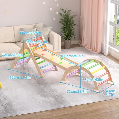 XJD 7 in 1 Pikler Triangle Set, Foldable Climbing Toys for Toddlers, Toddler Indoor Playground for 3-6 Years, with Ramp Sliding or Climbing, Rocker, Wooden Climbing Set (5-1-Colorful) in Saudi Arabia