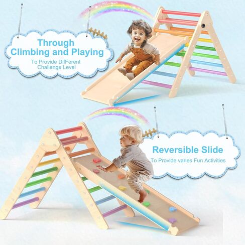 XJD 7 in 1 Pikler Triangle Set, Foldable Climbing Toys for Toddlers, Toddler Indoor Playground for 3-6 Years, with Ramp Sliding or Climbing, Rocker, Wooden Climbing Set (5-1-Colorful) in Saudi Arabia