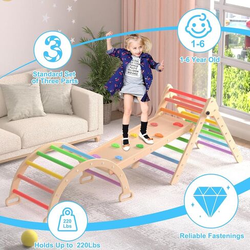 XJD 7 in 1 Pikler Triangle Set, Foldable Climbing Toys for Toddlers, Toddler Indoor Playground for 3-6 Years, with Ramp Sliding or Climbing, Rocker, Wooden Climbing Set (5-1-Colorful) in Saudi Arabia