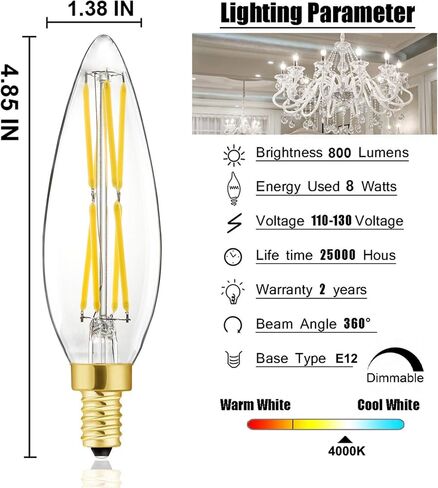 E12 Edison Candelabra LED Bulb,100 watt Equivalent Candelabra Dimmable Chandelier Light Bulbs 8W 2700K Warm White Clear 800lm E12 Vintage LED Filament Vintage Candle Bulb with Decorative,4.85in,4-Pack in Saudi Arabia