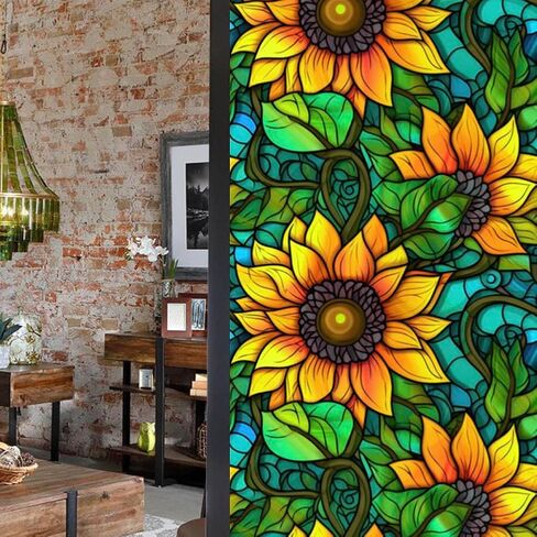 Privacy Window Film Stained Glass Window Film Non-Adhesive Frosted Glass Film Decorative Sunflower Pattern Static Cling Window Film for Home UV Blocking/Heat Insulation 23.6 x 39.4inch in Kuwait