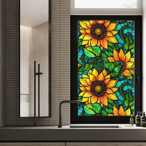 Privacy Window Film Stained Glass Window Film Non-Adhesive Frosted Glass Film Decorative Sunflower Pattern Static Cling Window Film for Home UV Blocking/Heat Insulation 23.6 x 39.4inch in Kuwait