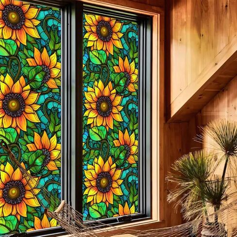 Privacy Window Film Stained Glass Window Film Non-Adhesive Frosted Glass Film Decorative Sunflower Pattern Static Cling Window Film for Home UV Blocking/Heat Insulation 23.6 x 39.4inch in Kuwait