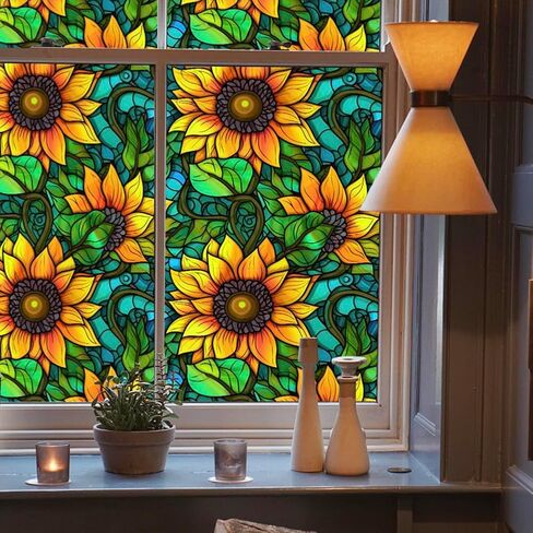 Privacy Window Film Stained Glass Window Film Non-Adhesive Frosted Glass Film Decorative Sunflower Pattern Static Cling Window Film for Home UV Blocking/Heat Insulation 23.6 x 39.4inch in Kuwait