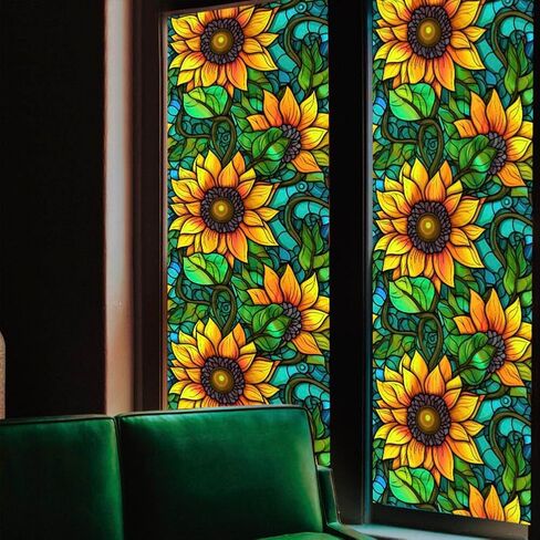 Privacy Window Film Stained Glass Window Film Non-Adhesive Frosted Glass Film Decorative Sunflower Pattern Static Cling Window Film for Home UV Blocking/Heat Insulation 23.6 x 39.4inch in Kuwait