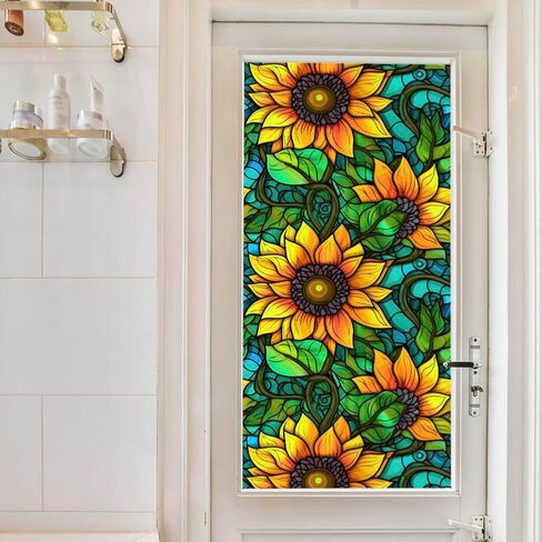 Privacy Window Film Stained Glass Window Film Non-Adhesive Frosted Glass Film Decorative Sunflower Pattern Static Cling Window Film for Home UV Blocking/Heat Insulation 23.6 x 39.4inch in Kuwait