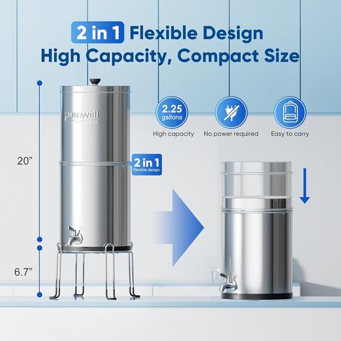 Purewell 3-Stage Gravity Fed Water Filter System, 2.25 Gallon Stainless Steel Countertop System with 2 Washable Ceramic Filters, Metal Water Level Spigot and Stand, Reduce up to 99% Chlorine, PW-OBT-K in Saudi Arabia