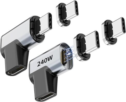محول مغناطيسي USB C بقدرة 240 وات، 2 حزمة من محولات الزاوية اليمنى المغناطيسية مع 4 موصلات، شحن سريع 24 سنًا بسرعة 40 جيجابت في الثانية 8K 60 هرتز لجهاز Thunderbolt 3/4، وMacBook Pro/Air/، والكمبيوتر المحمول، والتبديل، وiPhone 15Pro/Max in Kuwait