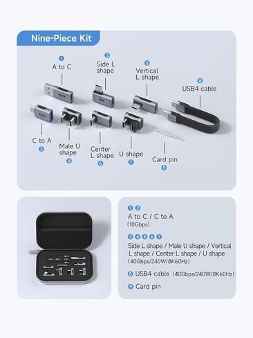 مجموعة محول Hagibis USB C، 40 جيجابت في الثانية 240 وات 8K@60 هرتز USB4 نوع C مجموعة كابل شحن سريع مجموعة محول حقيبة تخزين مع محول USB C إلى C بسرعة 40 جيجابت في الثانية *5، محول USB A إلى C بسرعة 10 جيجابت في الثانية *2 للسفر in Kuwait