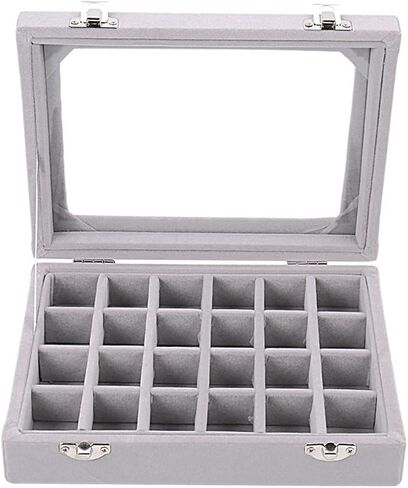 24 Grid Velvet Glass Jewelry Box Organizer Rings Earrings Tray Display Storage Case for Women Girls (Pink) in Saudi Arabia