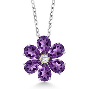 Gem Stone King 925 Sterling Silver and 10K Yellow Gold Purple Amethyst and White Moissanite Pear Shape Flower Pendant Necklace For Women (2.23 Cttw, Gemstone Birthstone, with 18 Inch Chain)
