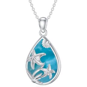 Starfish Necklace 925 Sterling Silver Starfish Pendant Larimar Necklace Ocean Jewelry for Women Girls Mother Wife