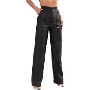 WDIRARA Women's High Waist Pu Leather Straight Leg Jeans Button Pocket Front Trousers