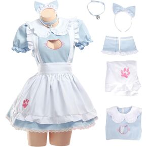 MEOWCOS Women's Maid Dress French Apron Maid Dress Kawaii Kitty Dress with Paw Embroidery Anime Cosplay Costume