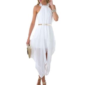 Women's Elegant Hi Low Sheer Chiffon Gold Belted Folds Casual Beach Holiday Party Dress