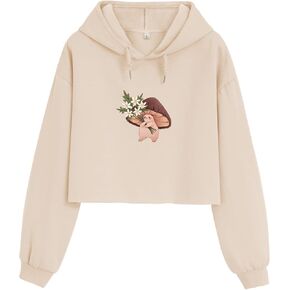 Bubeutou Women Cute Mushroom Cropped Hoodie Graphic Aesthetic Crop Sweatshirts for Teen Girls Cotton Cottagecore Pullover