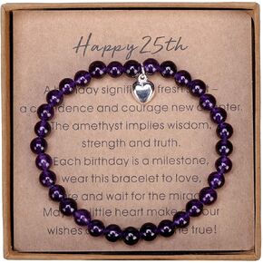 25th Birthday Gifts for Women Amethyst Bead Bracelet with Sterling Silver Heart Charm Happy 25th Birthday Gifts for Her with Card and Gift Box