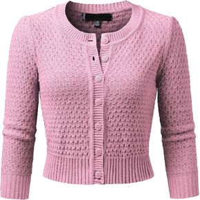 JSCEND Women's 3/4 Sleeve Crew Neck Button Down Cotton Knit Cropped Cardigan Sweater (S-3XL)