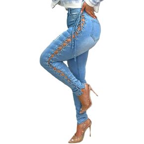 بنطلون جينز SEMATOMALA نسائي متقاطع من الجانب متقاطع وأربطة مجوفة بطول كامل من قماش الدنيم الممزق والمتعثر in Kuwait