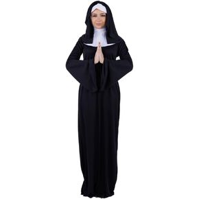 Nun Costume for Adults, sister black robe with veil, collar and belt outfit for Halloween
