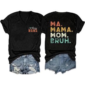 Mama V Neck T Shirts for Women Boy Mom Shirts Mother's Day Shirts Gift Basic Casual Loose-Fit Mom Life Graphic Tee Tops
