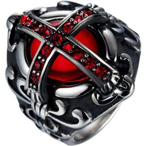 JIPSJICI Men's Stainless Steel Vintage Ruby Stone Cross Ring Silver Black Gothic Biker Signet Rings