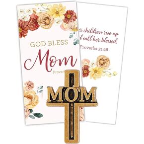 Gold Tone God Bless Mom Cross-Shaped Lapel Pin with Prayer Card, Womens Cross Pins, Religious Mother's Day Gifts for Christian Moms, Grandmas, Aunts, and More, 1 Inch