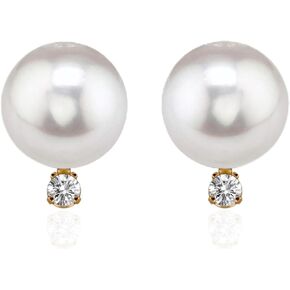 14K Yellow Gold AAA Quality Genuine Akoya Saltwater Cultured Pearl and Diamond Stud Earrings for Women