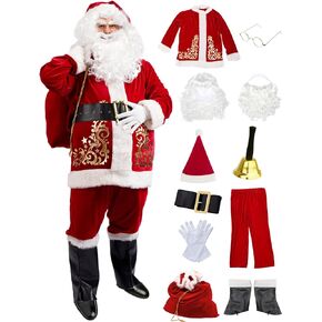 Kofero Santa Claus Costume for Men Adult Santa Suit 11PCS Professional Plus Size Christmas Velvet Outfit Xmas Holiday Party