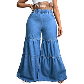 WDIRARA Women's Ruffle Trim Hem Wide Leg Elastic High Waisted Summer Denim Jean Flare Pants