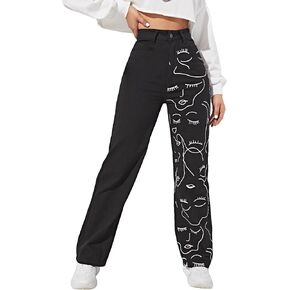Floerns Women's Figure Graphic Print High Waisted Button Front Zipper Fly Straight Leg Jeans