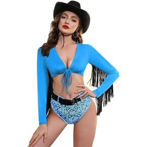 Western Cowgirl Costume for Women,Women's Fringe Top Deep V Neck Crop Cami Country Concert Outfit with Cowboy Hat