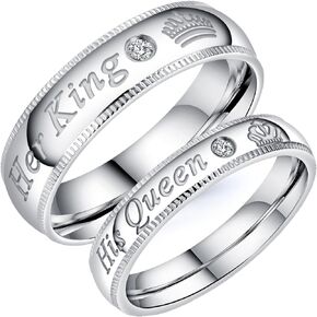 2pcs Silver Matching Couple Promise Rings Set His Queen Her King Stainless Steel Engagement Anniversary Rings Couple Jewelry Gifts