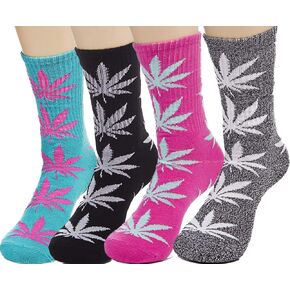 4pair-pack Marijuana Weed Leaf Printed Cotton High Socks, Mix Colors, fit for shoe size 7-11