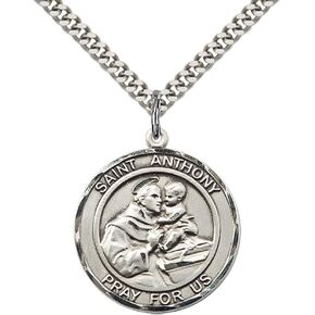 F A Dumont Sterling Silver St. Anthony of Padua Pendant with 24" Stainless Steel Heavy Curb Chain. Patron Saint of Lost Articles/The Poor