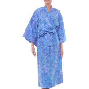 NOVICA Artisan Handmade Cotton Batik Robe Women's Clothing Blue Patterned Indonesia Floral 'Rushing River'