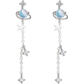 Sterling Silver Star Planet Chain Dangle Earrings for Women Girls Dainty Cute CZ Crystal Moonstone Saturn Celestial Tassel Charms Drop Dangling Stud Hypoallergenic Lightweight Holiday Jewelry Gifts